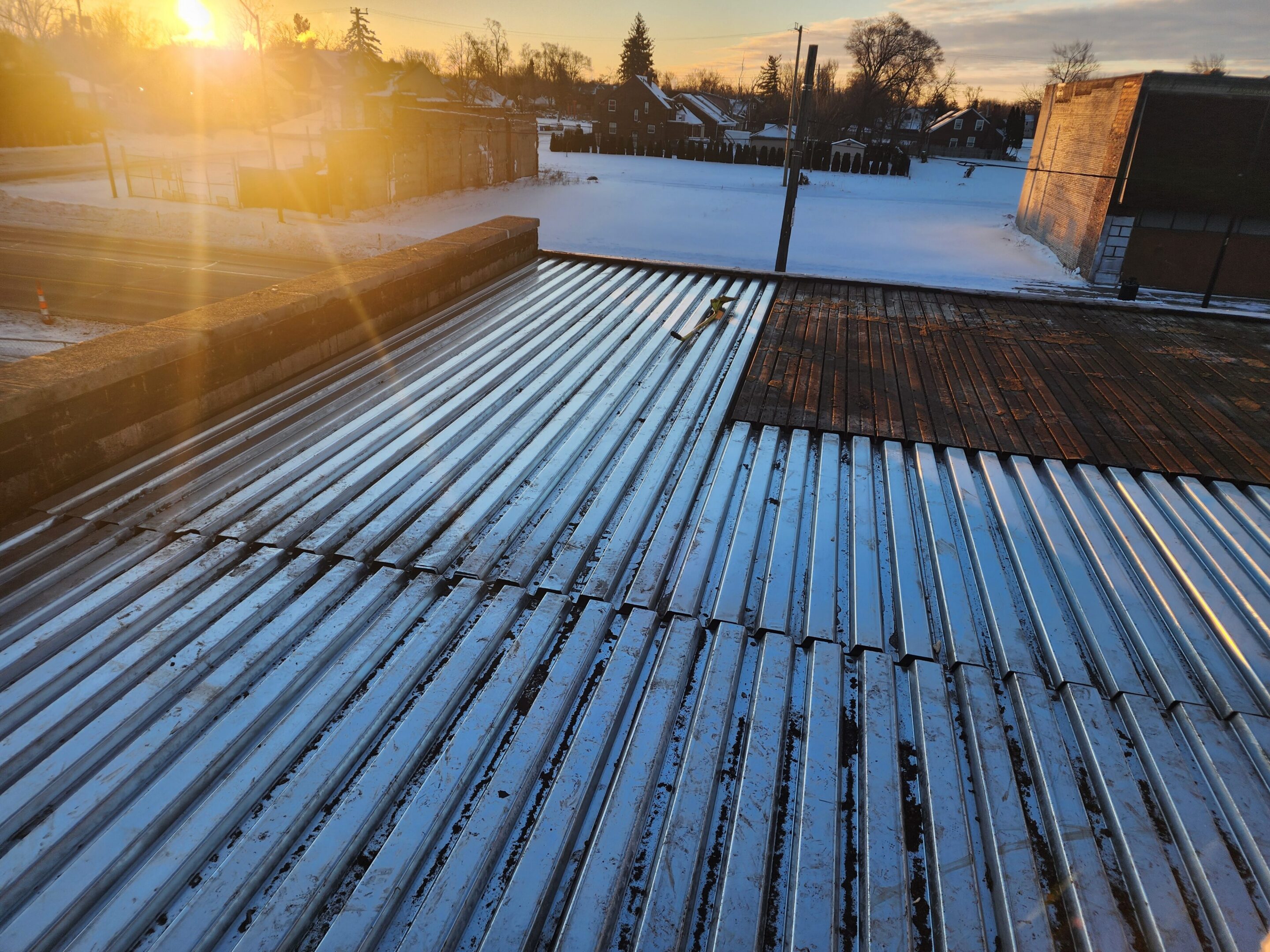 Rooftop in winter with sunset view.