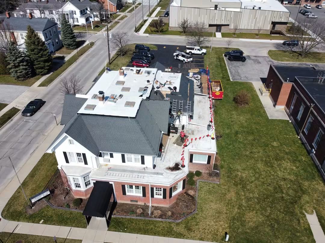 Aerial view of building with construction work.